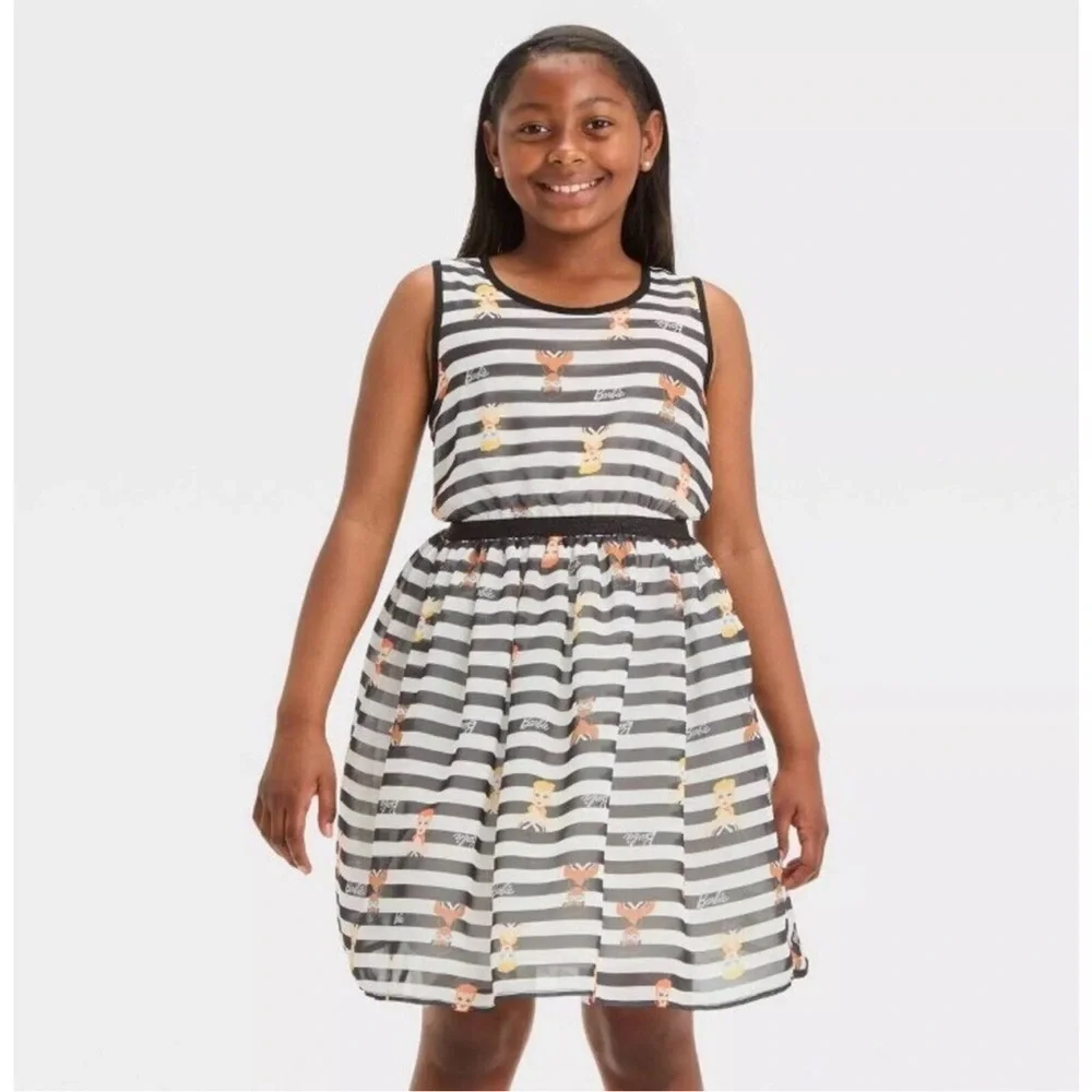 Girls' Barbie Character Dress White Black Kids Size Large (10/12)